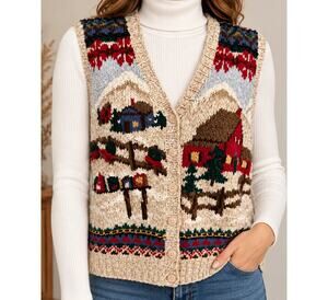 Vintage Robert Scott sweater vest ramie cotton hand knitted Winter scene med.